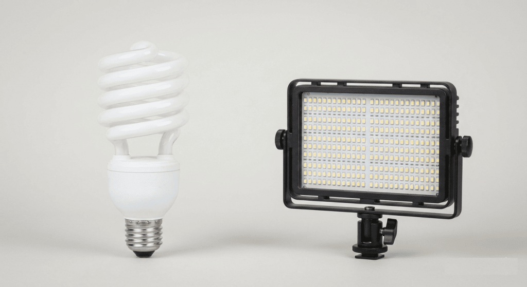 A product comparison shot. On the left, a large white spiral CFL photography bulb. On the right, a modern LED corn bulb or LED panel. Neutral background, studio lighting style.