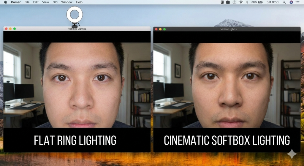 Side by side comparison of flat ring lighting vs cinematic softbox lighting