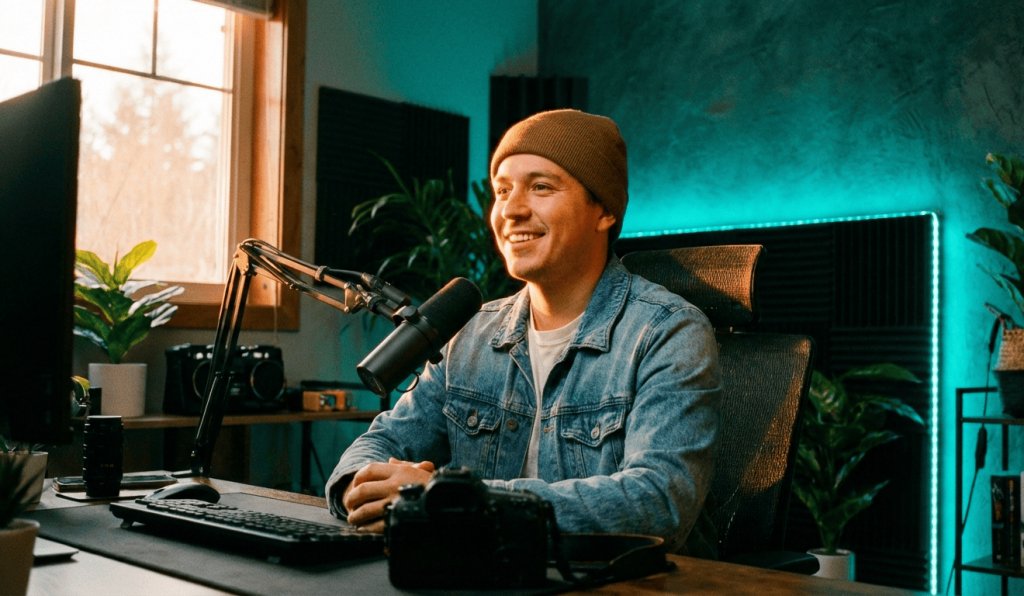  A portrait of a content creator in a studio. The creator's face is lit with warm, natural light. The background wall behind them is illuminated with a deep Teal/Cyan blue light, creating a strong "Teal and Orange" cinematic color contrast. 