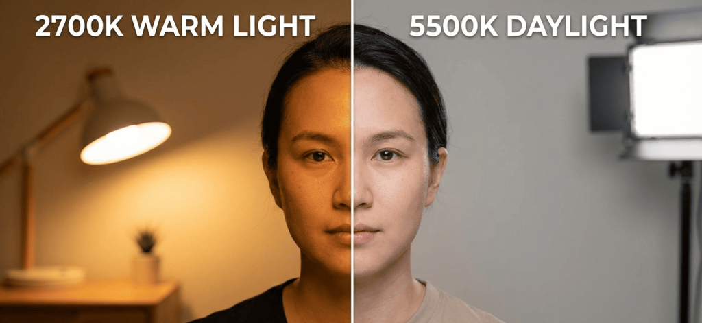 A split-screen portrait photograph. On the left side, labeled "2700K WARM LIGHT", a person's face is lit by a warm, yellowish household bulb, making their skin look orange and slightly muddy. On the right side, labeled "5500K DAYLIGHT", the same person is lit by a neutral white, daylight-balanced video light, showing accurate, natural, and clear skin tones. 