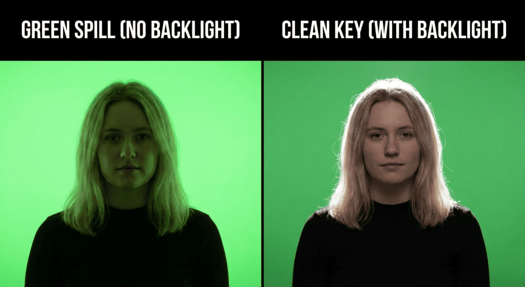 A split-screen photograph. On the left panel, titled "GREEN SPILL (NO BACKLIGHT)"