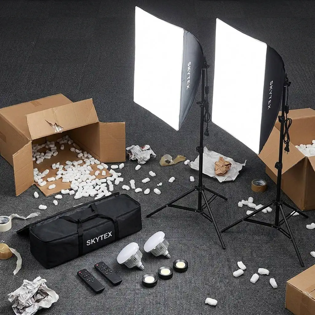 Lighting components and open cardboard boxes with scattered foam packing peanuts laid out for inspection on a dark grey industrial studio carpet. Lighting components and open cardboard boxes with scattered foam packing peanuts laid out for inspection on a dark grey industrial studio carpet.